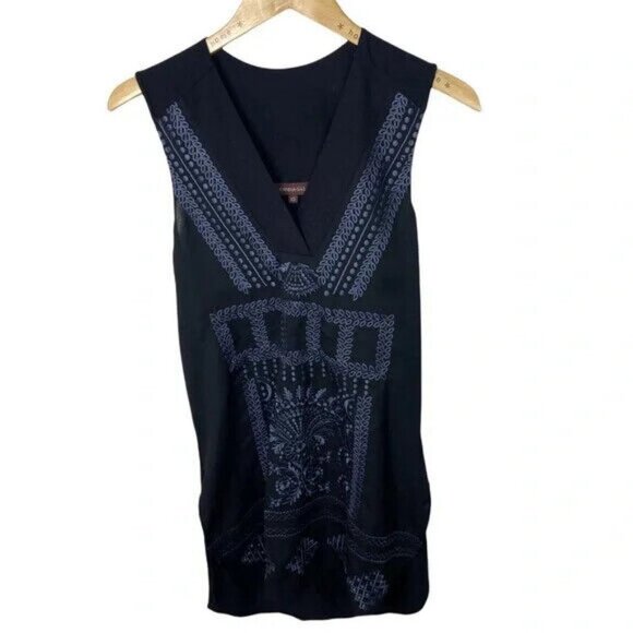 Anthropologie Ranna Gill Black Bohemian Tunic Top Hippie Size XS Blouse Printed - Picture 3 of 12